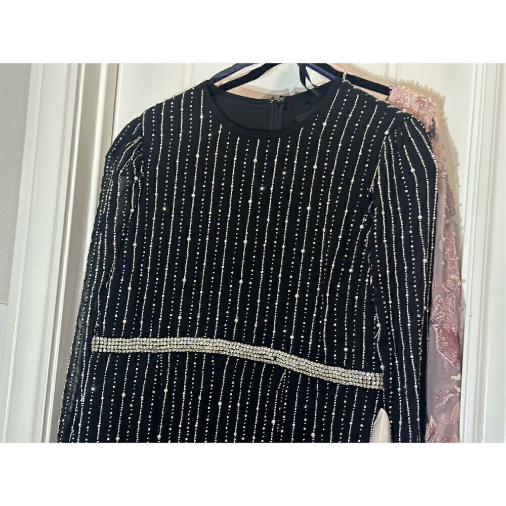 Mac Duggal NWT size 16 long sleeve beaded black midi dress READ NOTES style 9362 - Picture 5 of 16